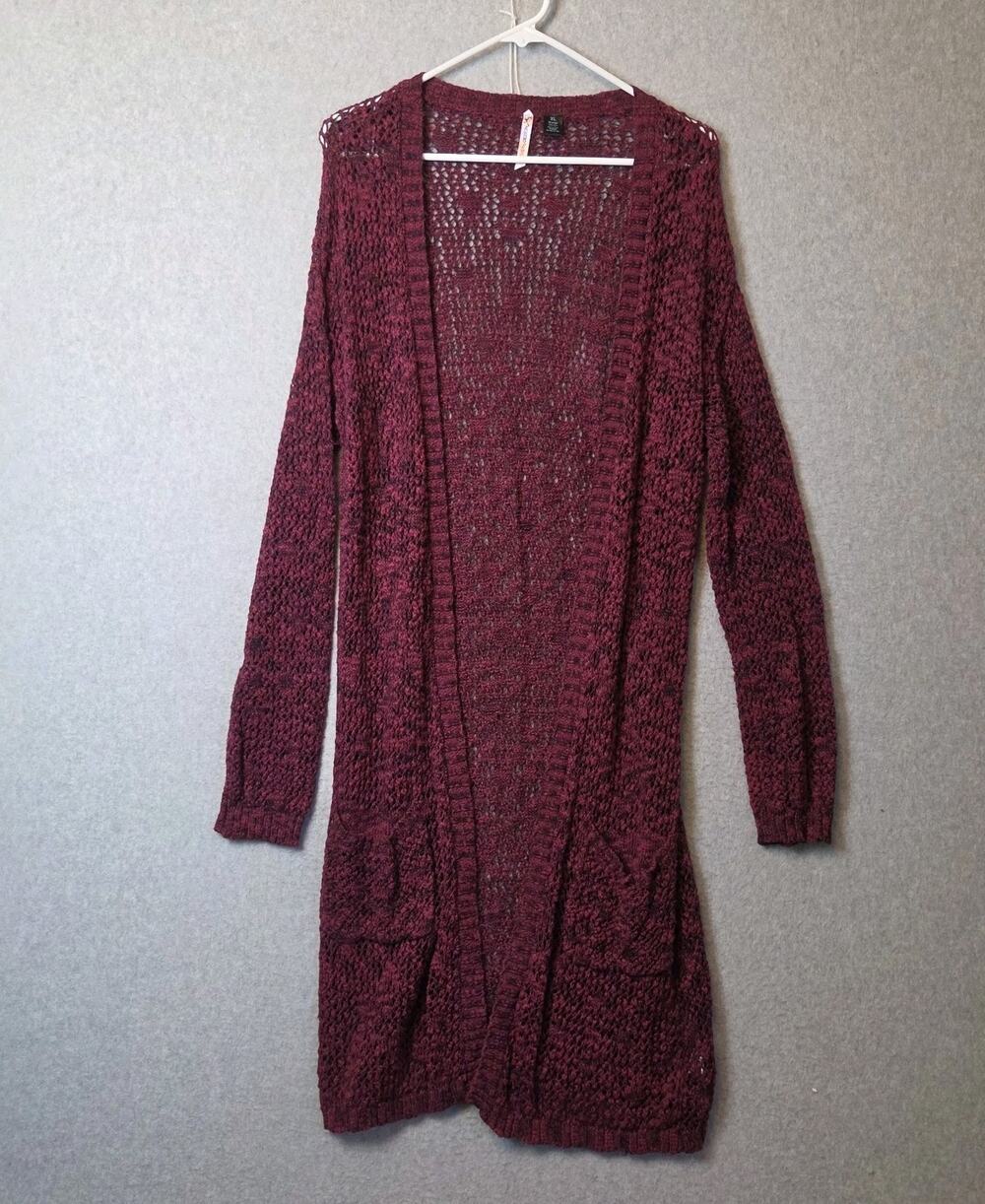 Love By Design Cotton Maroon Knit LS Open Long Duster Cardigan Womens XL Pockets